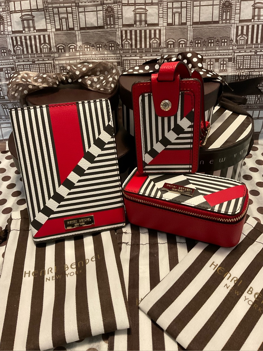 Henri Bendel West 57th Blocked Pattern Bag/Luggage Tag Red w Centennial Stripes - Picture 12 of 12